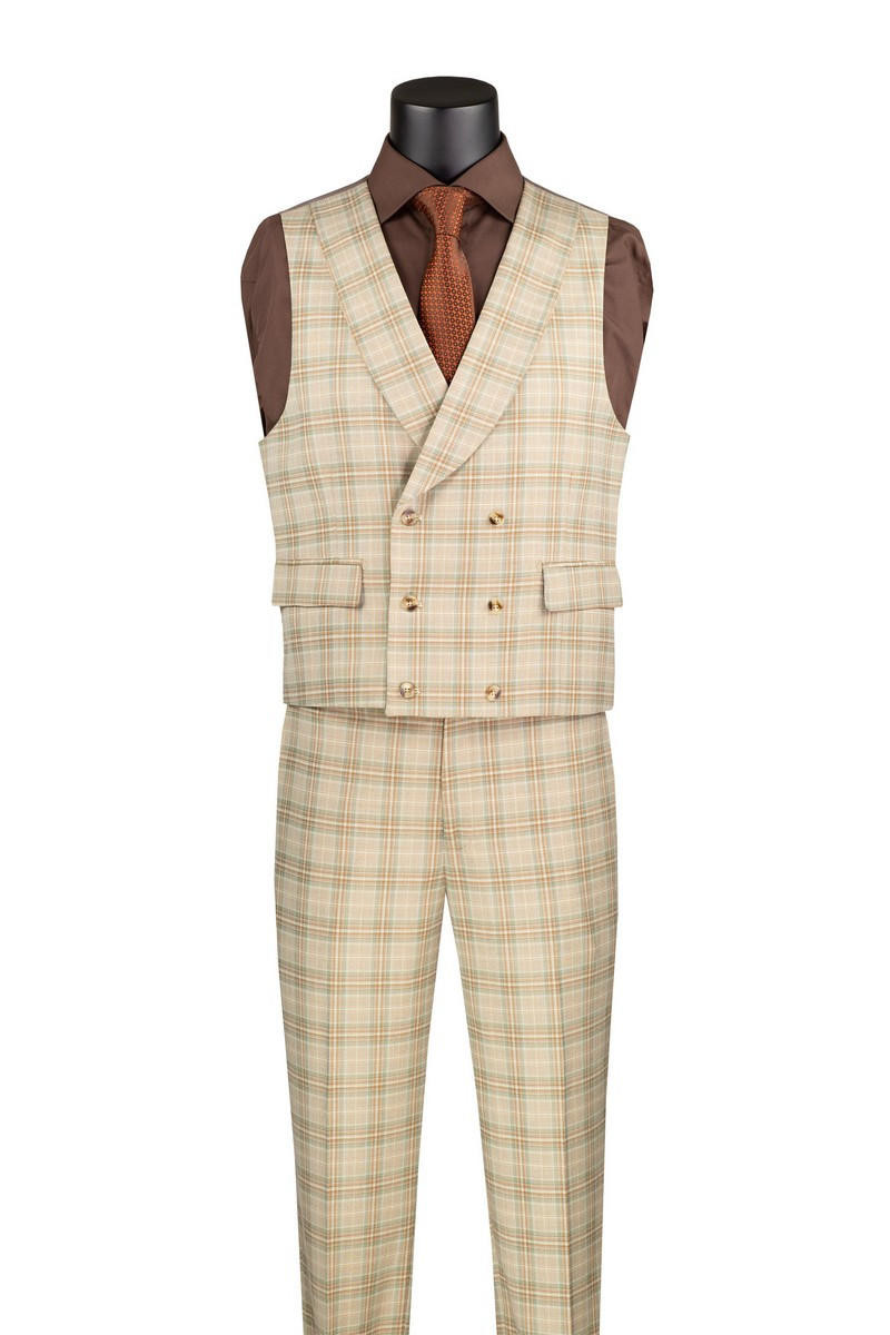 VINCI Men's Khaki Plaid 3-Piece Modern Suit Peak Lapel - New With Tags