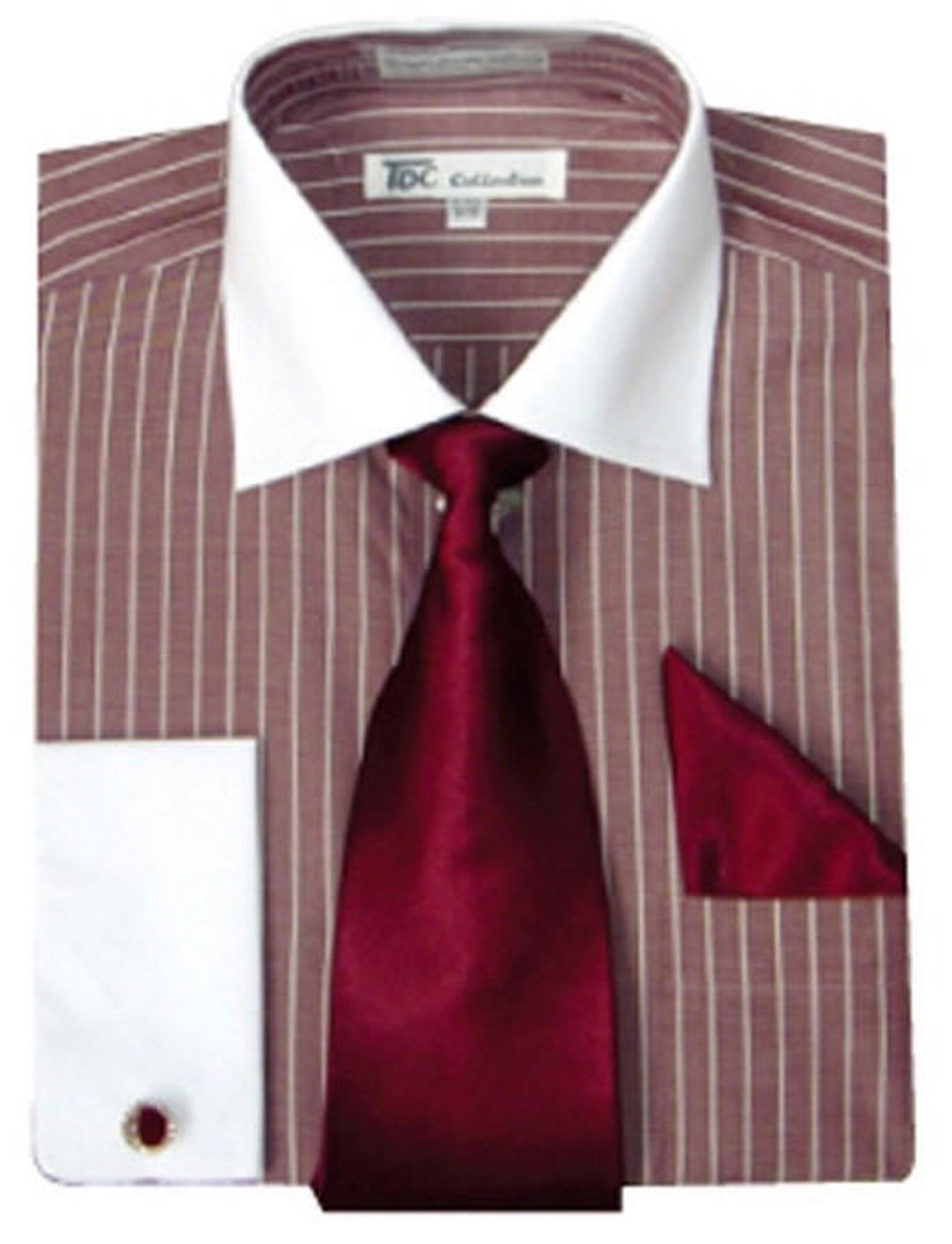 Men's Burgundy Stripe White Collar French Cuff Dress Shirt Tie SG17