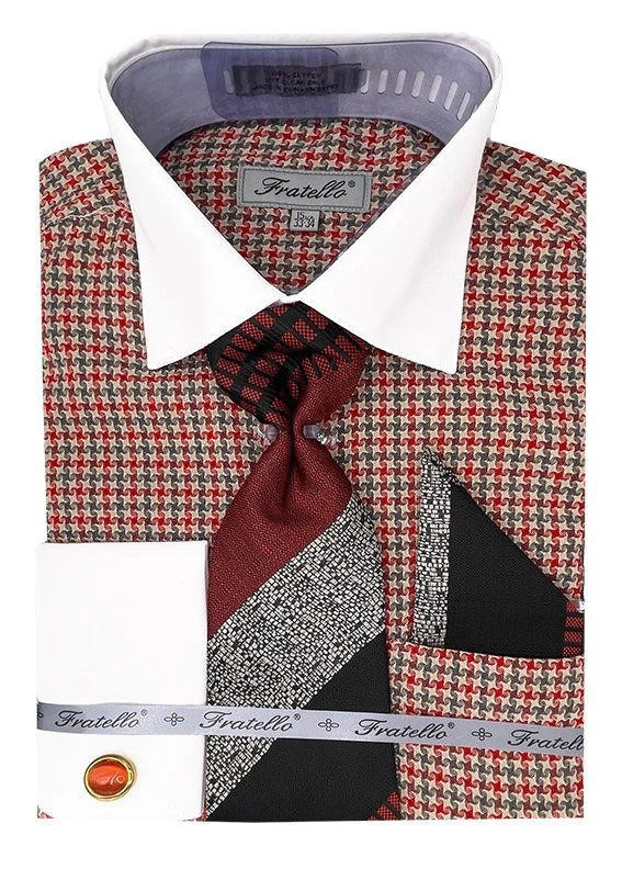 Red Houndstooth Suit Set Shirt, Tie, Hankie - Contempo Suits