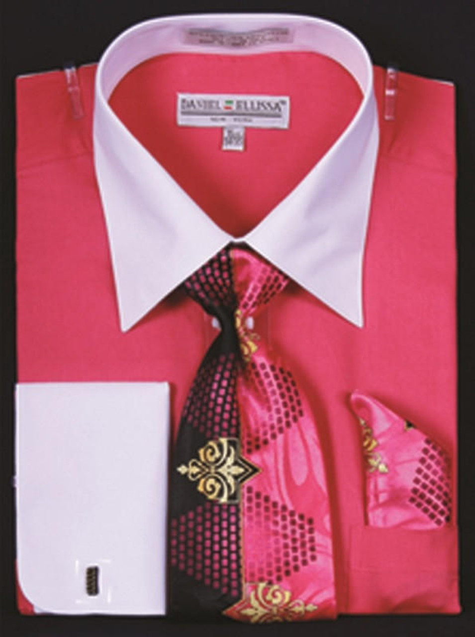 Men's Fuchsia White Collar French Cuff Dress Shirt Tie Set