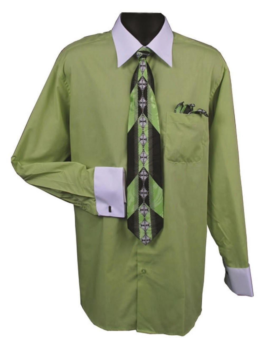 Men's Lime White Collar French Cuff Dress Shirt Tie Set DS3006WTPRT