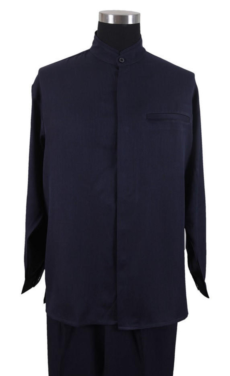Men's Navy Mandarin Collar Walking Suit Long Sleeve Milano 2826