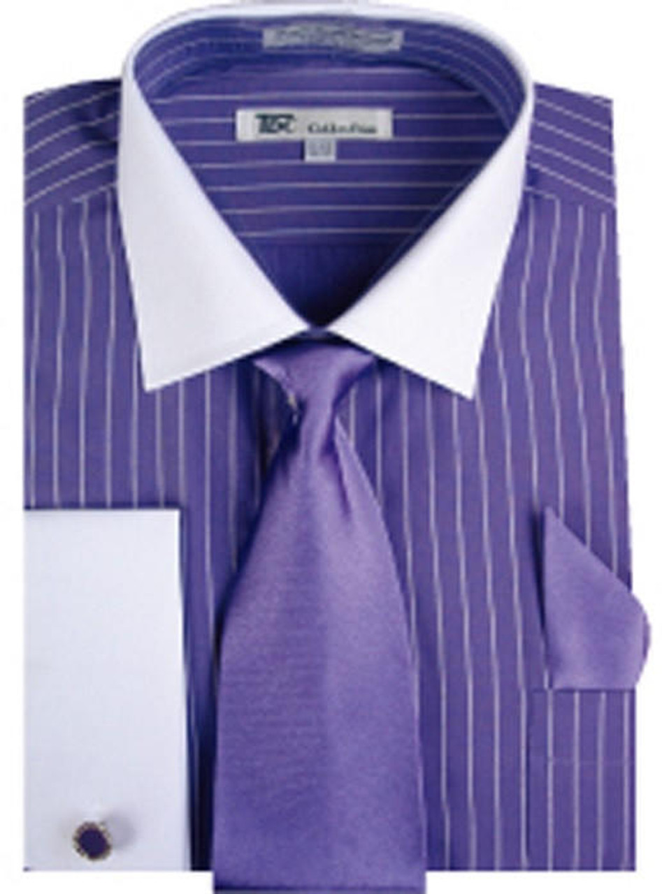 Men's Purple Stripe White Collar French Cuff Dress Shirt Tie SG17