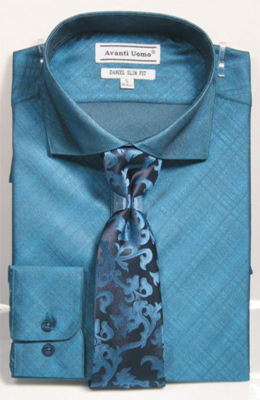 Men's Slim Fit Dress Shirt Tie Set Teal Shiny Plaid DNS07