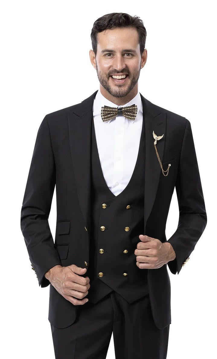 Black Suit With Gold Vest And Bow Tie Men's Suit With Gold Buttons