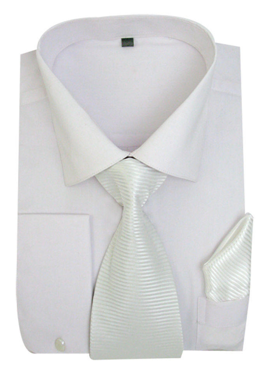 Men's White French Cuff Dress Shirt Spread Collar Tie Set SG27