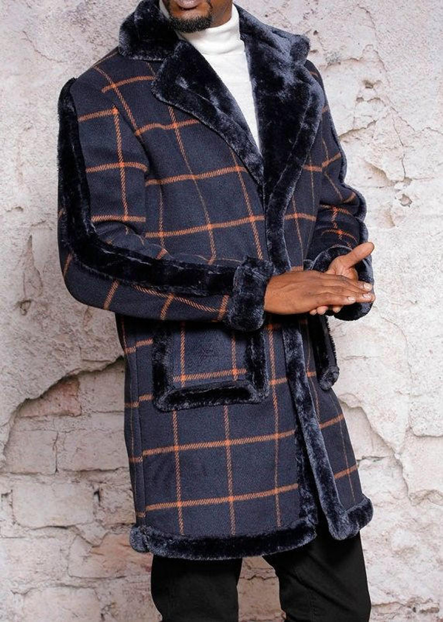 Manzini Men's Blue Rust Windowpane Plaid Fur Trim Coat MZW405