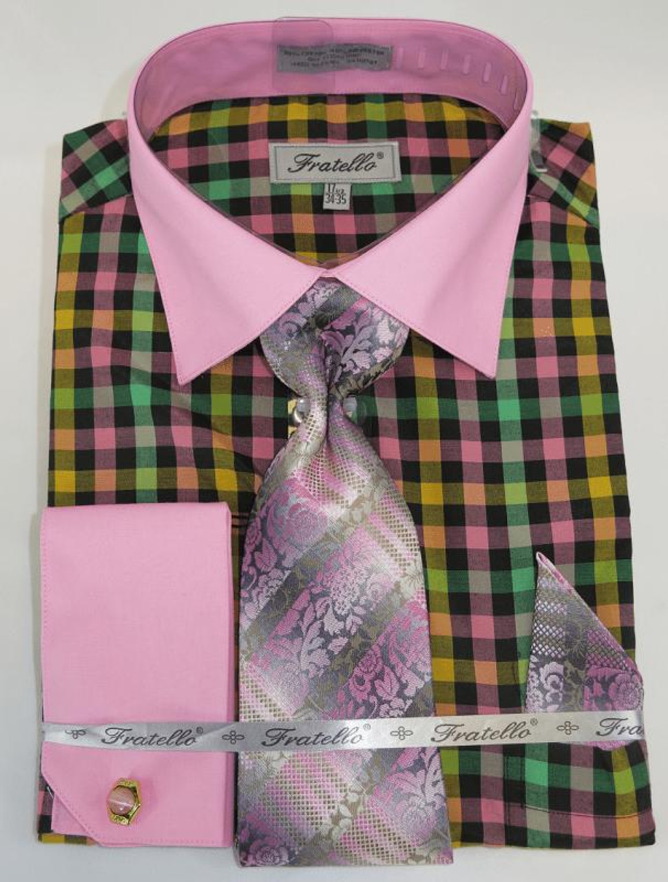 Mens Dress Shirt with Matching Tie and Hanky - Rose Pink Plaid