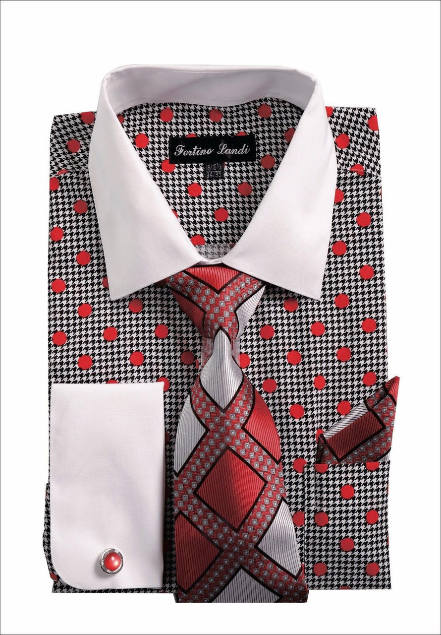 Mens Dress Shirts with Tie Sets Red Dot Pattern Fortini FL632