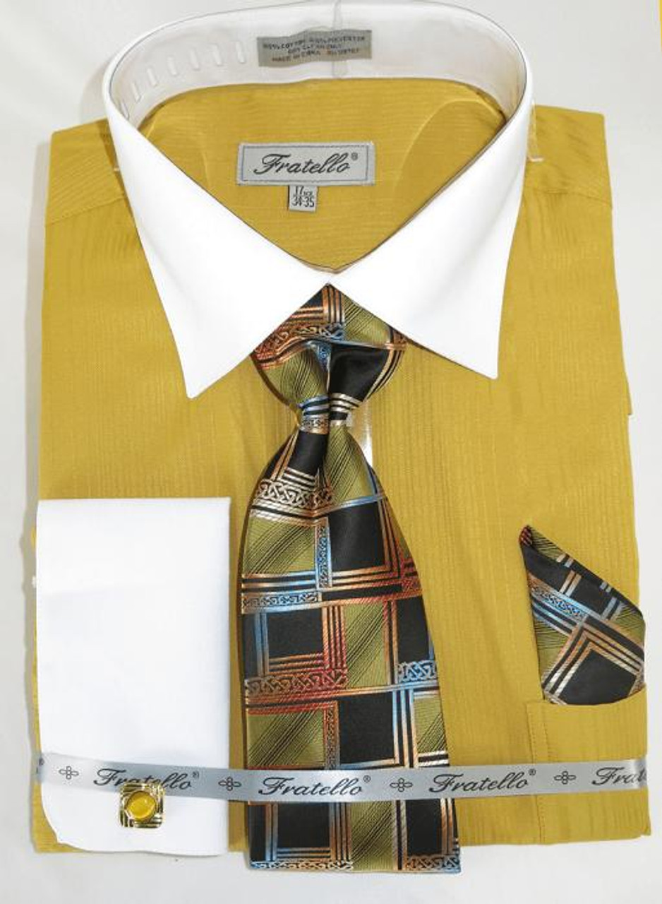 Mens French Cuff Shirt Tie Set Mustard Shadow Stripe Fratello