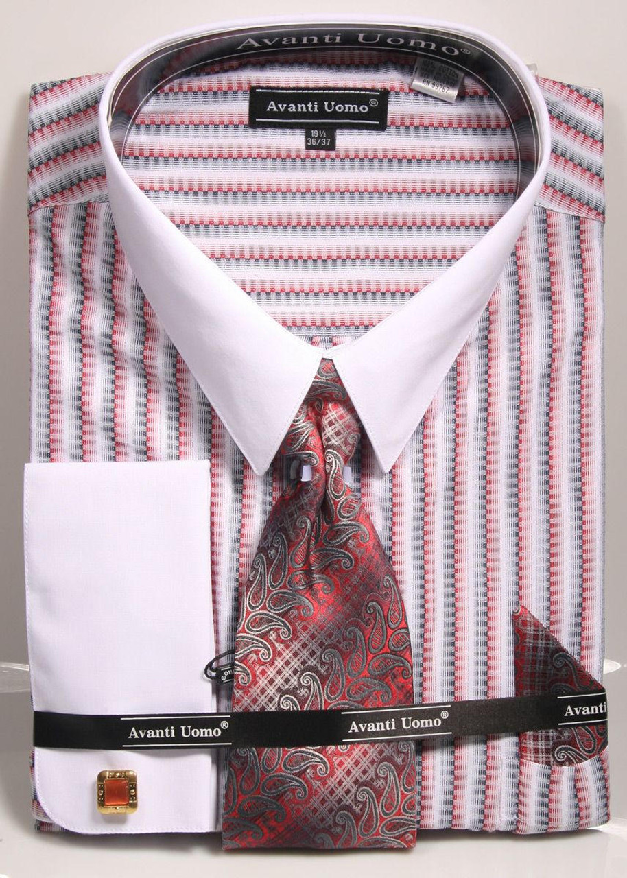 Mens French Cuff Shirt Tie Set Red Fuzzy Stripe DN86M