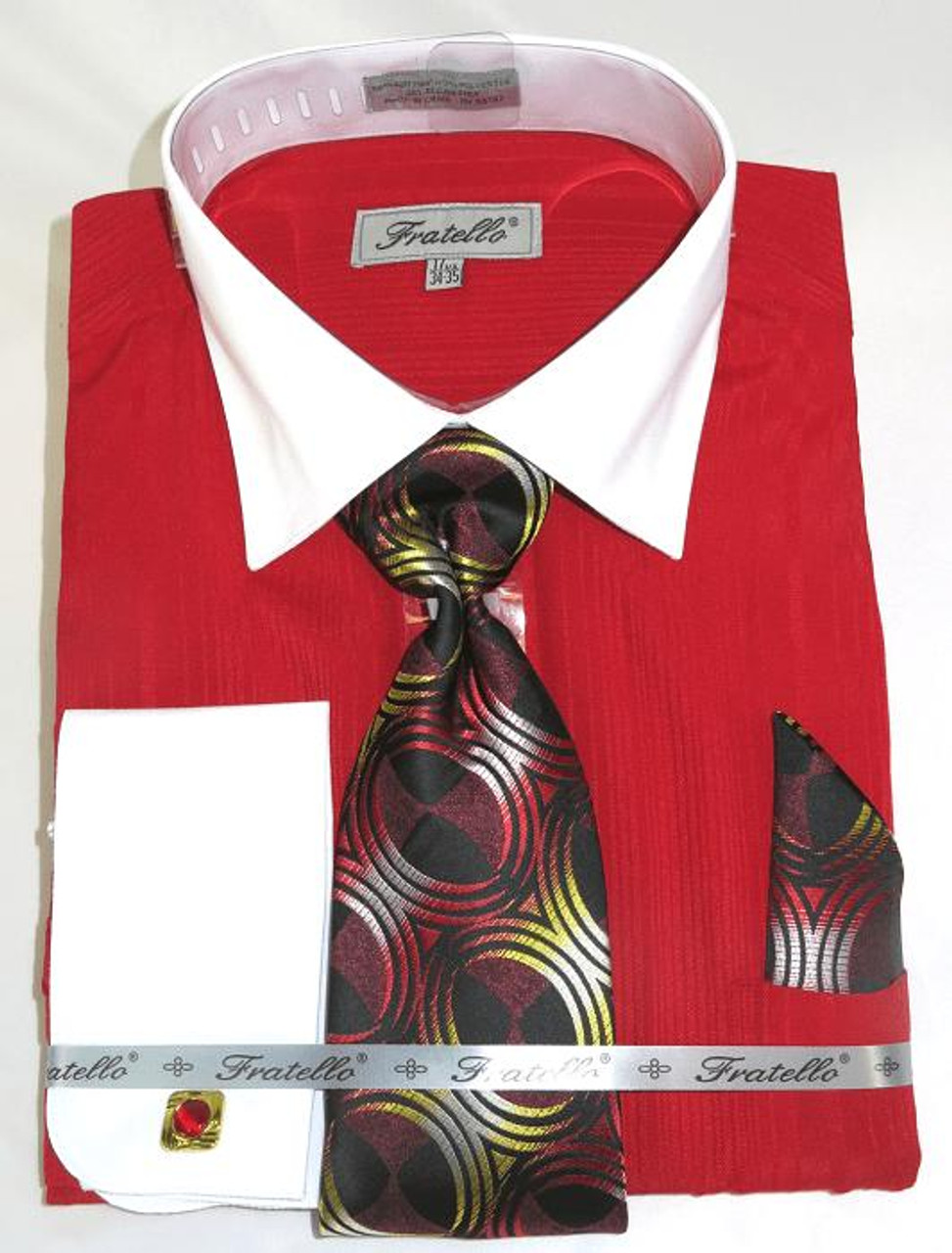 Mens French Cuff Shirt Tie Set Red Shadow Stripe Fratello