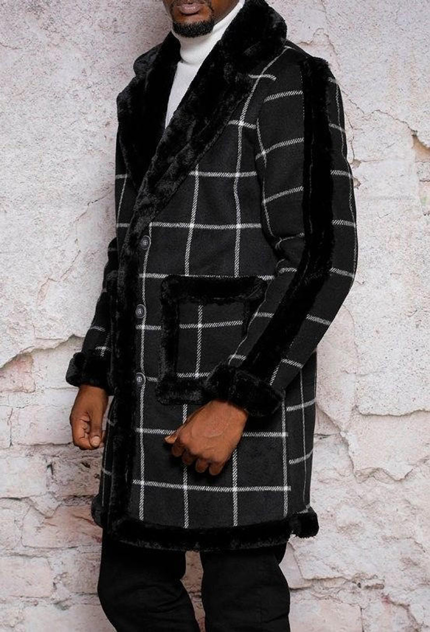 Manzini Men's Black Windowpane Plaid Fur Trim Coat MZW405