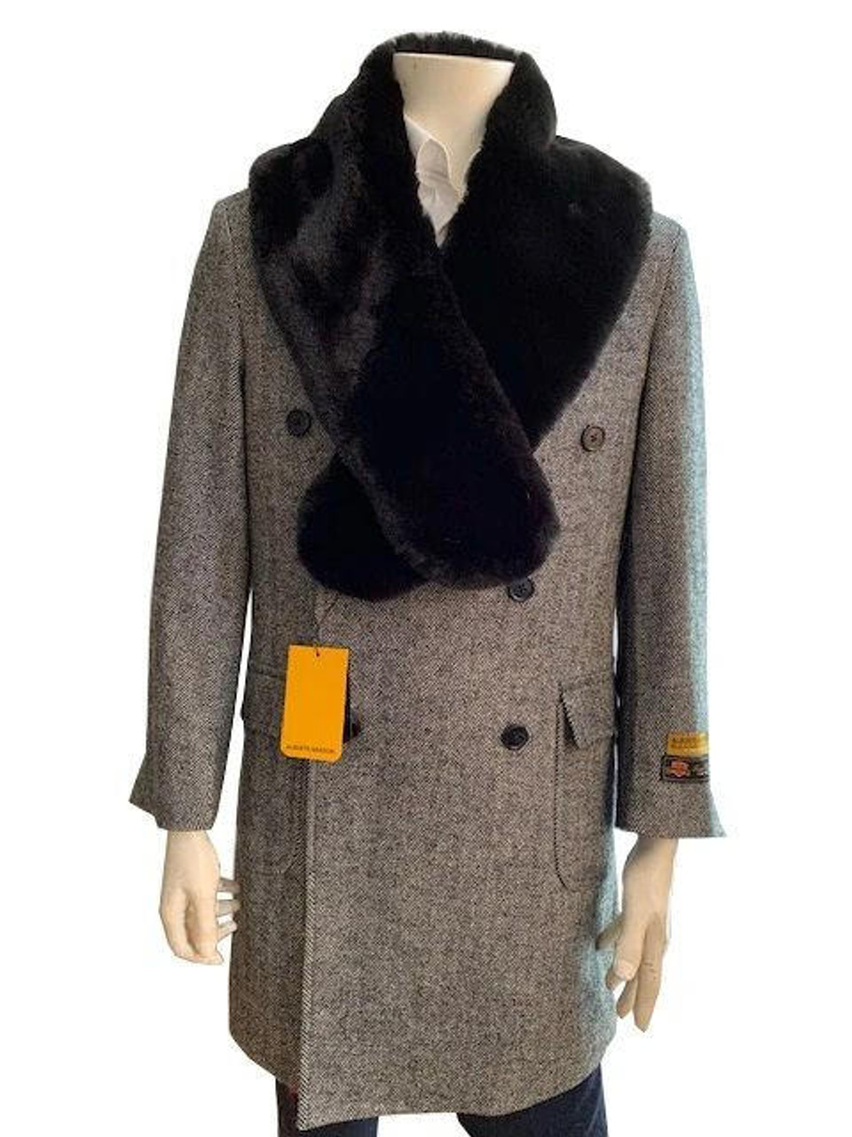 Mens Fur Collar Double Breasted Wool Car Coat Herringbone