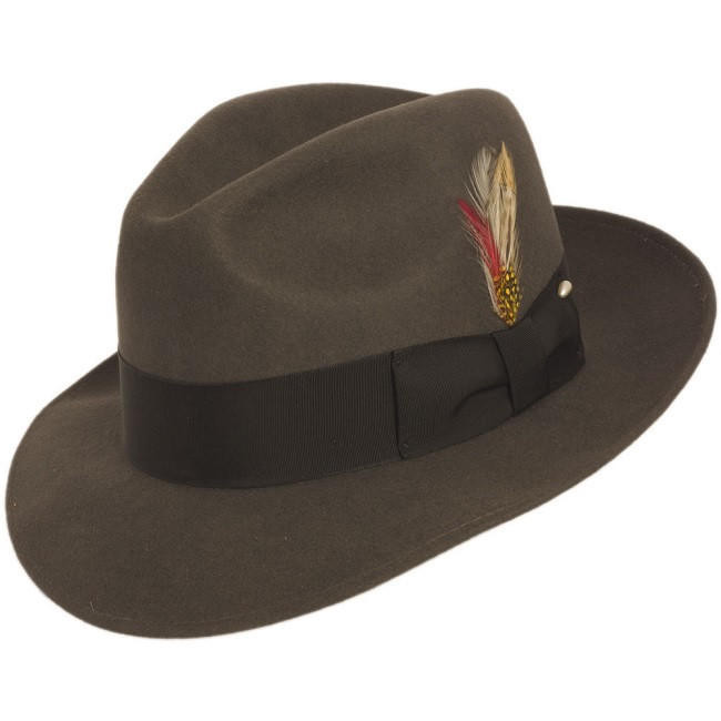 Grey 1920s Mens Fedora Hat with Feather Contempo Suits