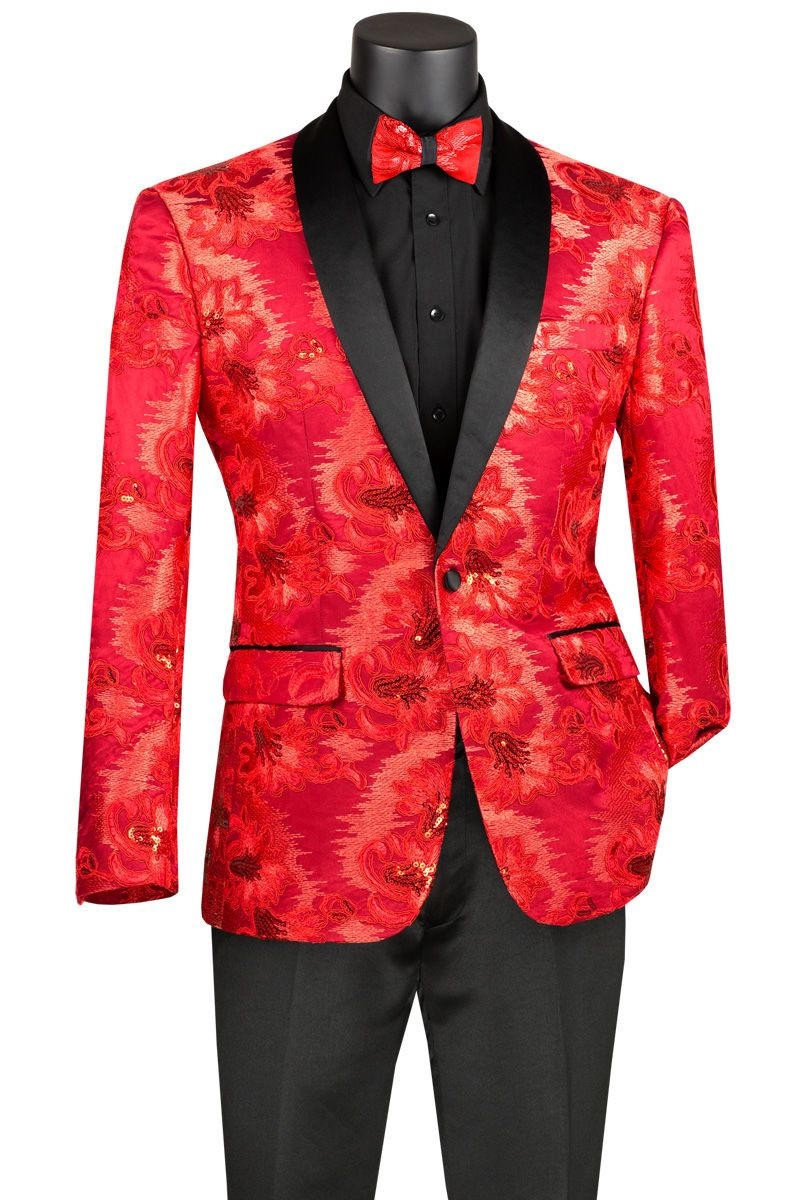 Mens Red Flower Slim Fit Jacket Prom Blazer Vinci BSF-13