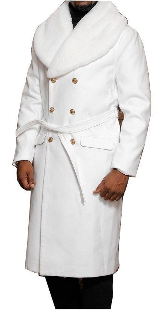 Topcoat - Manzini Mens White Fur Collar Wool Overcoat Belted Double  Breasted MZW322