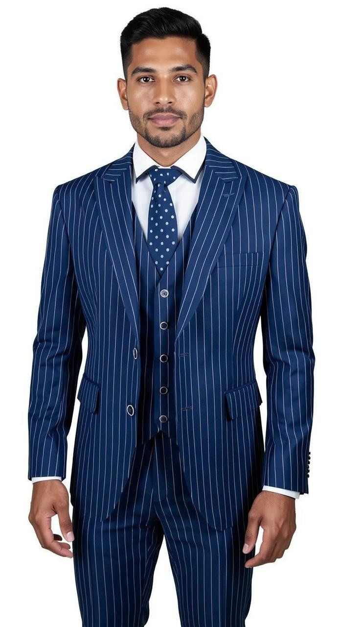 Men's 1920s Blue Vintage Stripe Suit with Vest Vinci V2RS-9