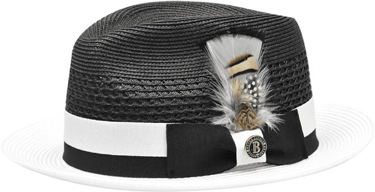 Mens Summer Hat Black White Straw Fedora Bruno RO650