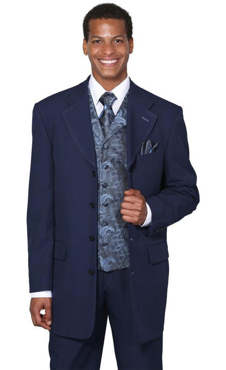 Mens Dress Suits Long Jacket Milano Moda Navy Paisley Vest 3 Piece 6903V
