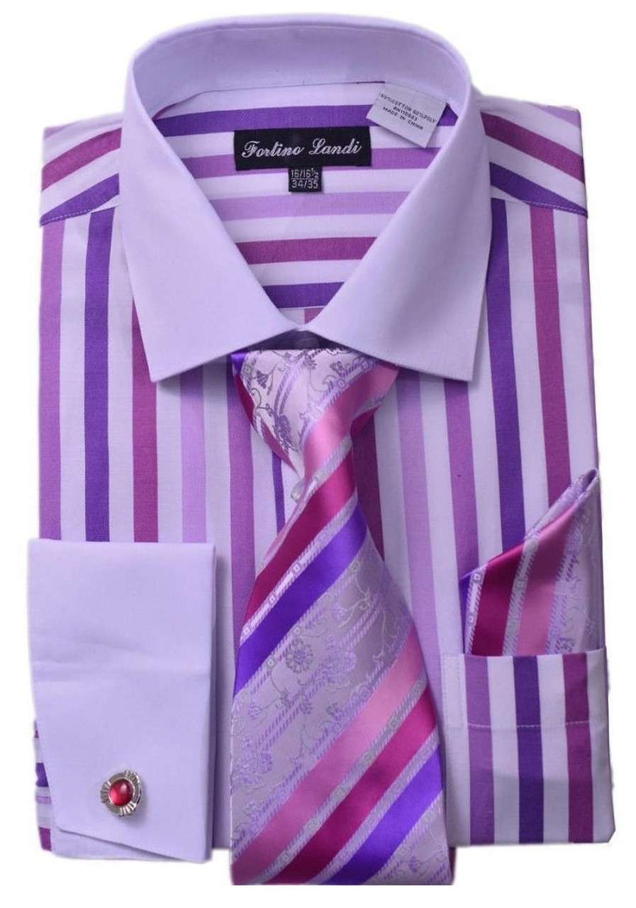 Milano Mens Lavender Candy Stripe Fancy Shirt Tie Set FL629