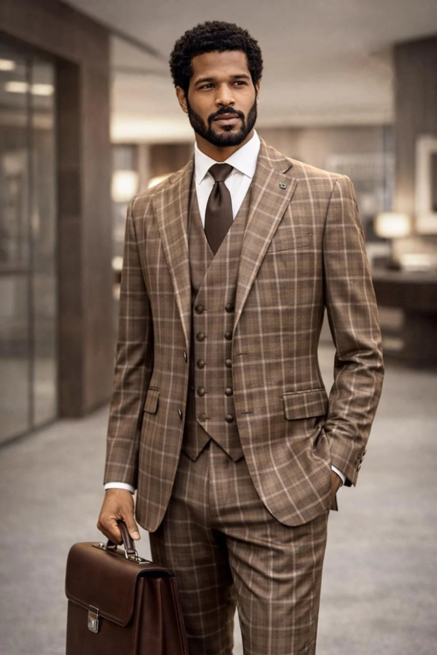 Statement Men's Plaid Tailored Fit Copper 3 Piece Designer Suit Modena 38 Regular Copper