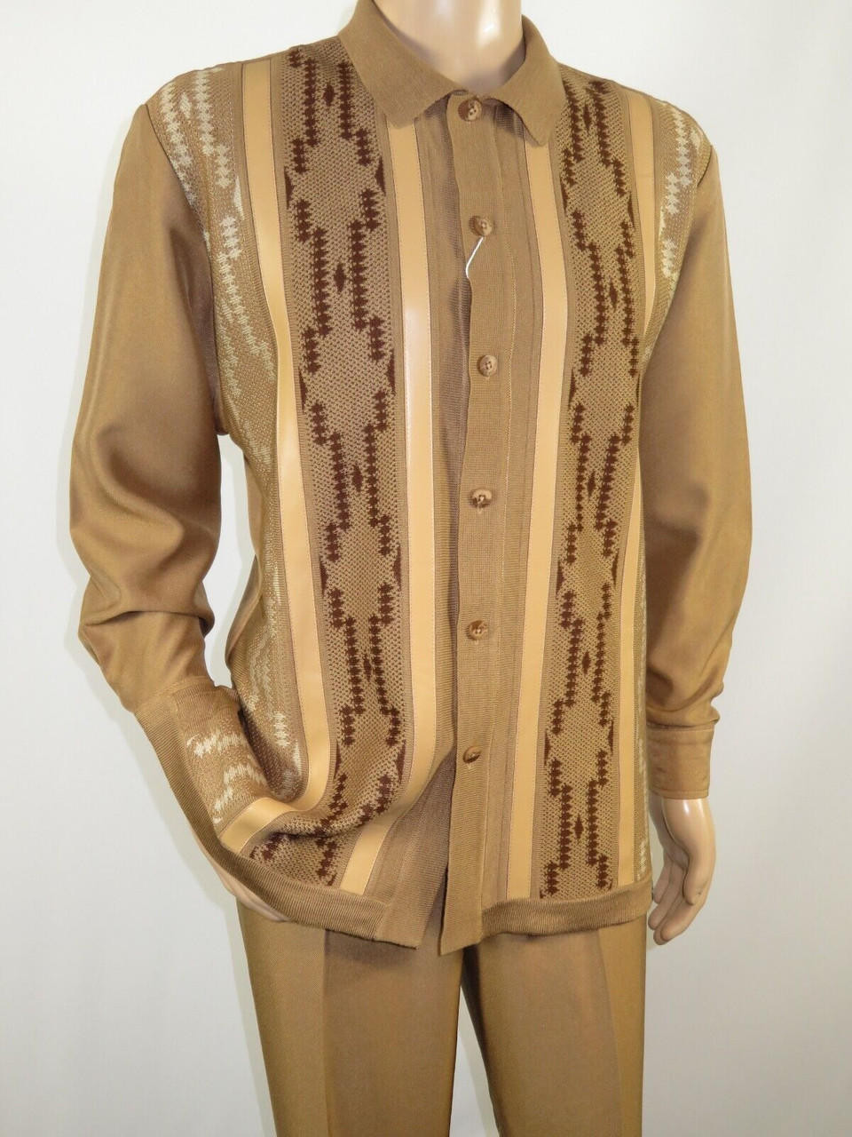 Silversilk Mens Walking Suit Beige Knit Front Outfit Leather Trim 4407