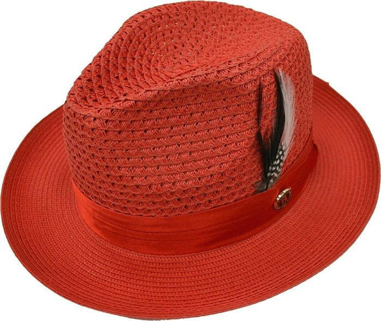 Mens Summer Hat Red Straw Brim Hat Pinched Crown Fedora JU917