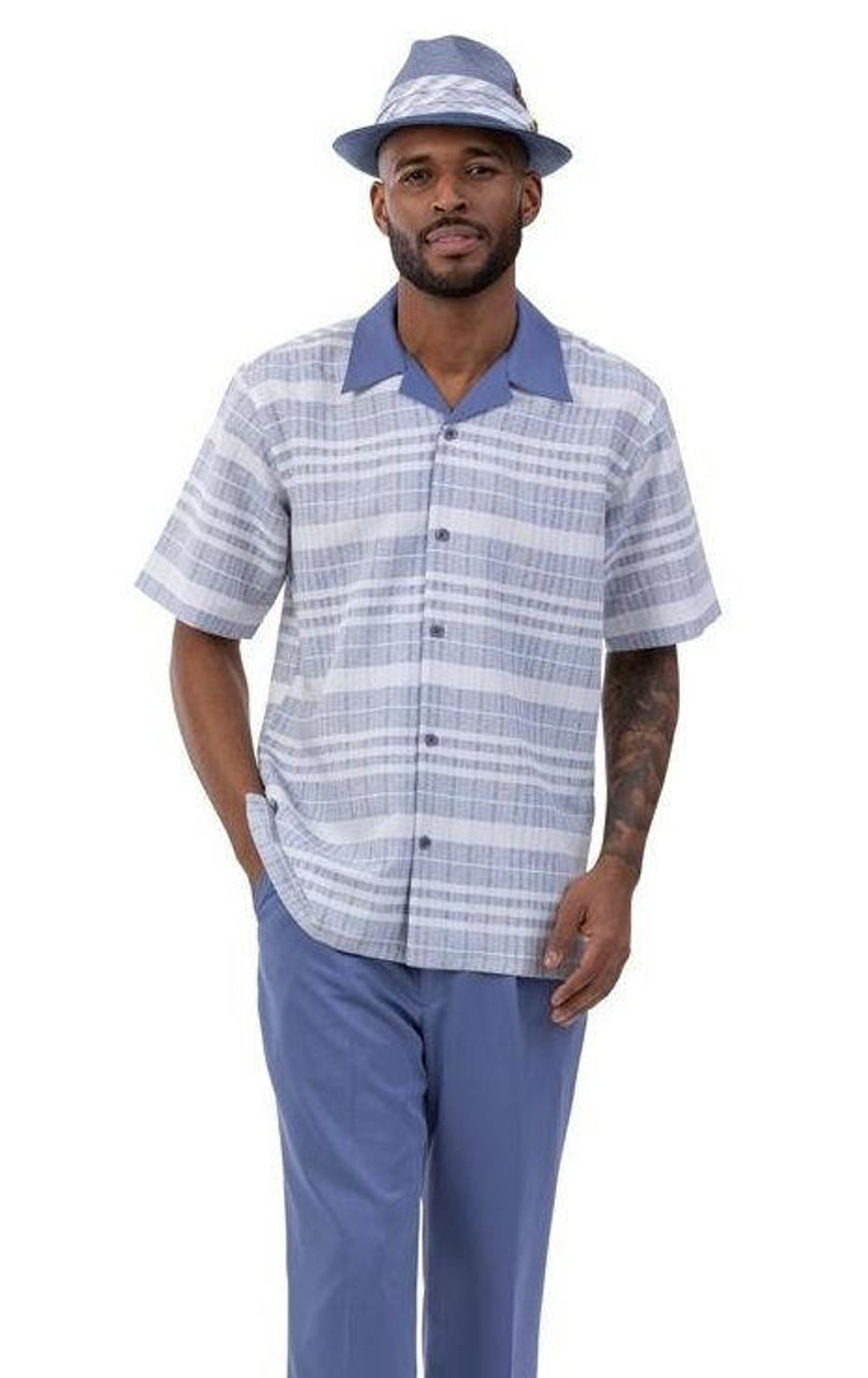 Montique Short Sleeve Walking Suit Slate Blue Summer Wear 2037