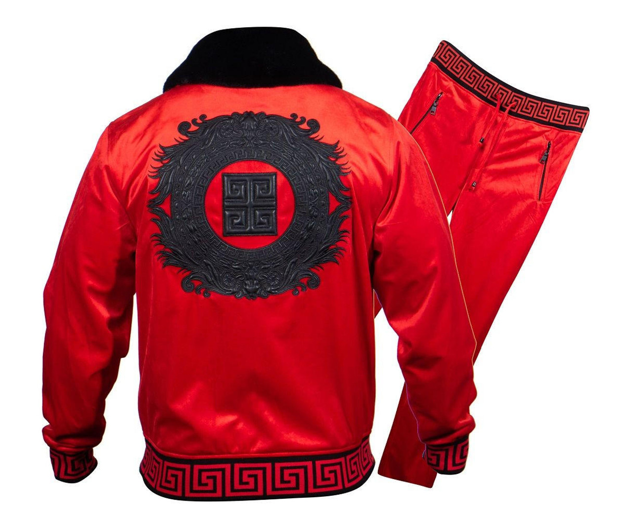 Prestige Track Suit Mens Red Greek Pattern Velvet Tracksuit