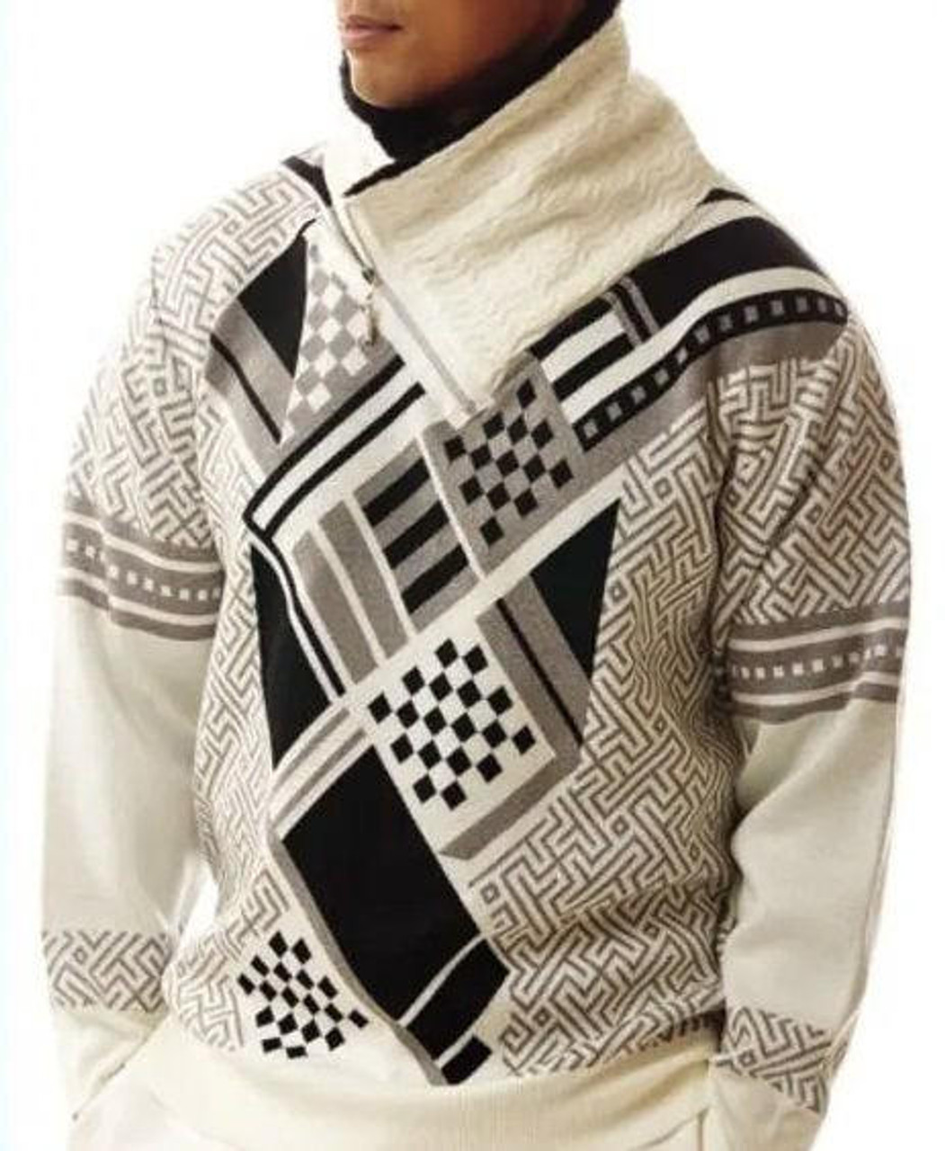 Silversilk Mens Black Zipper Front Sweater Geo Pattern 61006