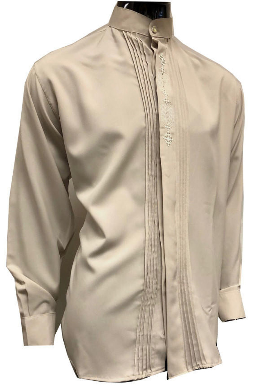 Pronti Mens Tan Mandarin Collar Long Sleeve Shirt Pleat Front 5343