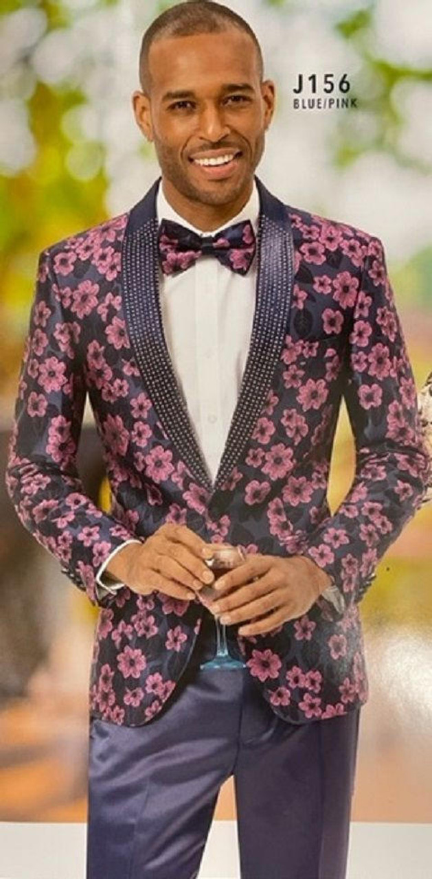 Men's Blue Pink Floral Unique Tuxedo Blazer EJ Samuel J156