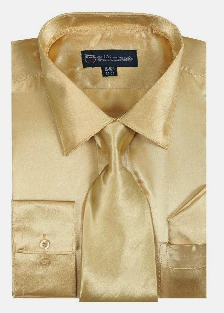 Fashion Silky Shirt for Men Taupe Champagne Shiny Satin Tie Set