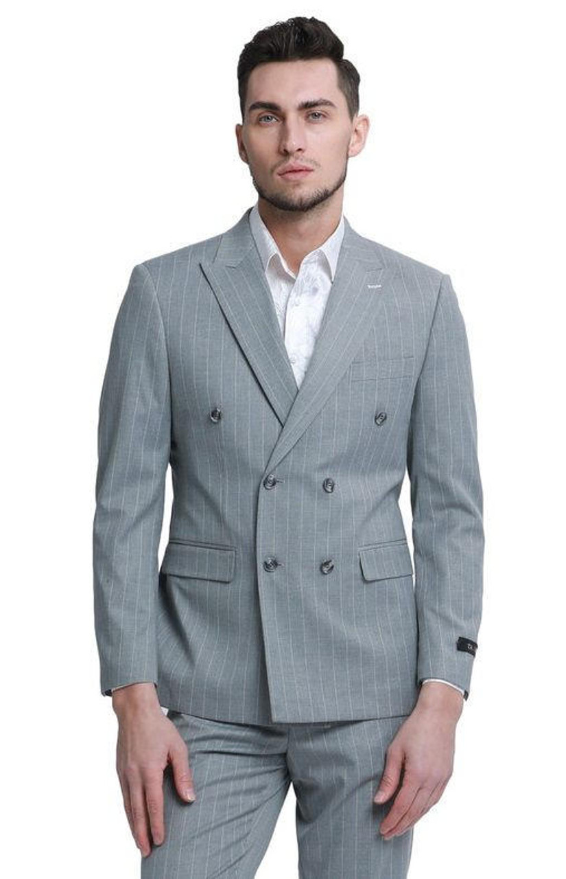 Slim Fit 2 Button Grey Windowpane Peak Lapel Suit - ÃZARMAN