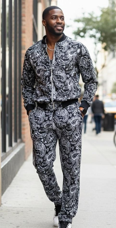 Inserch Mens Jogging Suit Velour Paisley Black SEL901