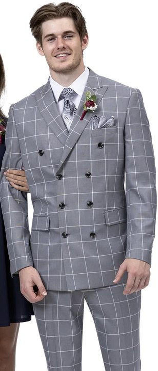 Men's Grey Double Breasted Windowpane Tailored Fit Suit EJ