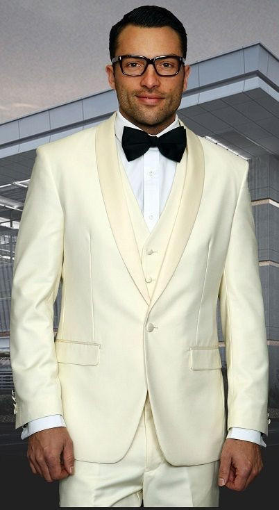 Statement Mens 3 Piece Off White Shawl Collar Modern Fit Tuxedo TUX-SH