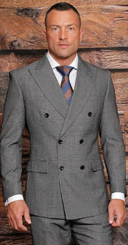 Manzini Gray Double Breasted Muted Window Pane Modern Fit Suit Rexford