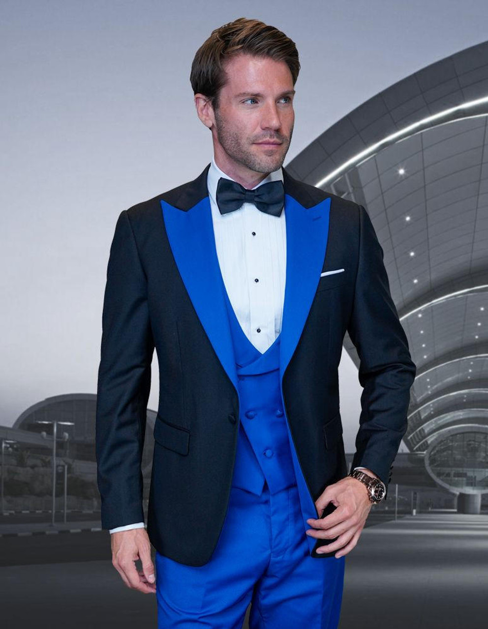 Designer Tuxedo Royal Blue Suit Vest Wedding Party Fitted Slim Fit