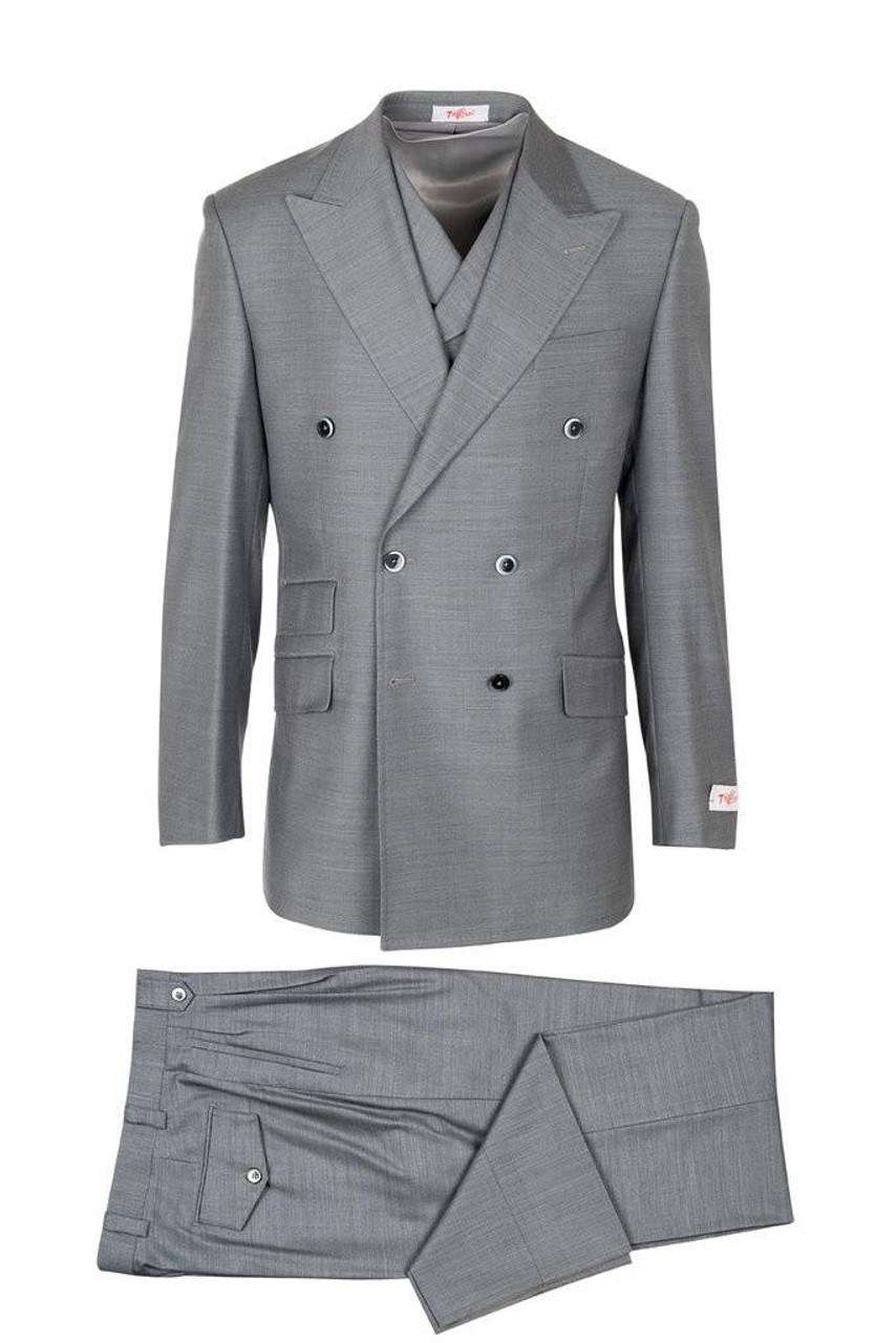 Tiglio Rosso Double Breasted Suit Men's Gray Wool Wide Leg EST E9063/26