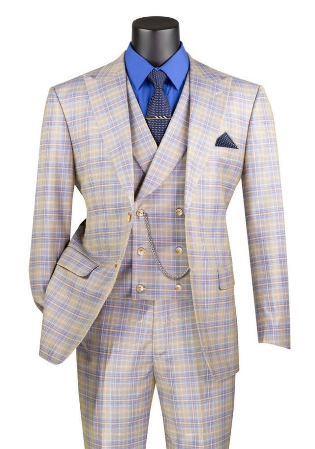 Vinci Men's Blue Plaid Piece Suit Fancy Vest Modern Fit MV2W-3