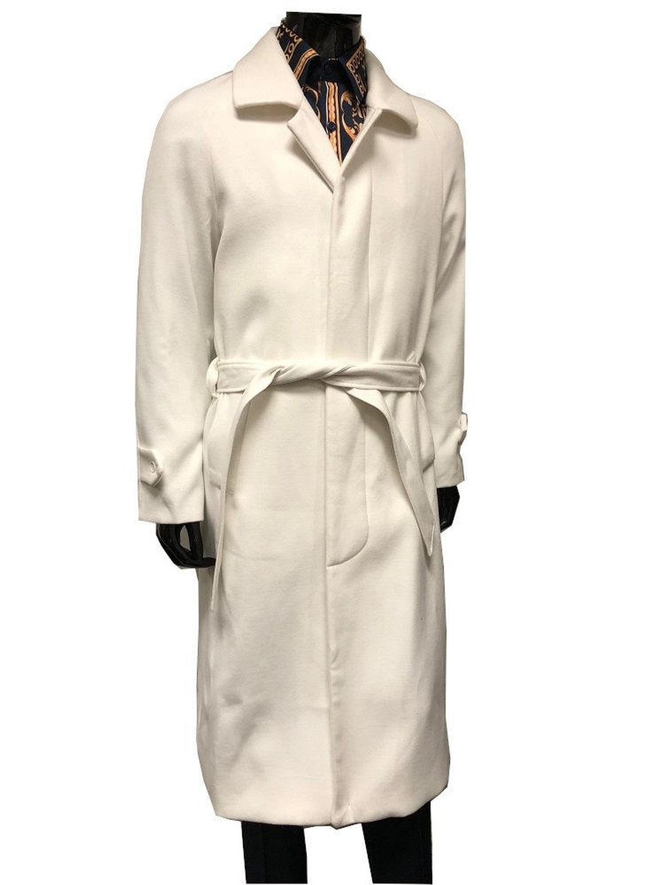 Topcoat - Falcone Mens Winter White Belted Top Coat Wool Full Length Aero  4150-007