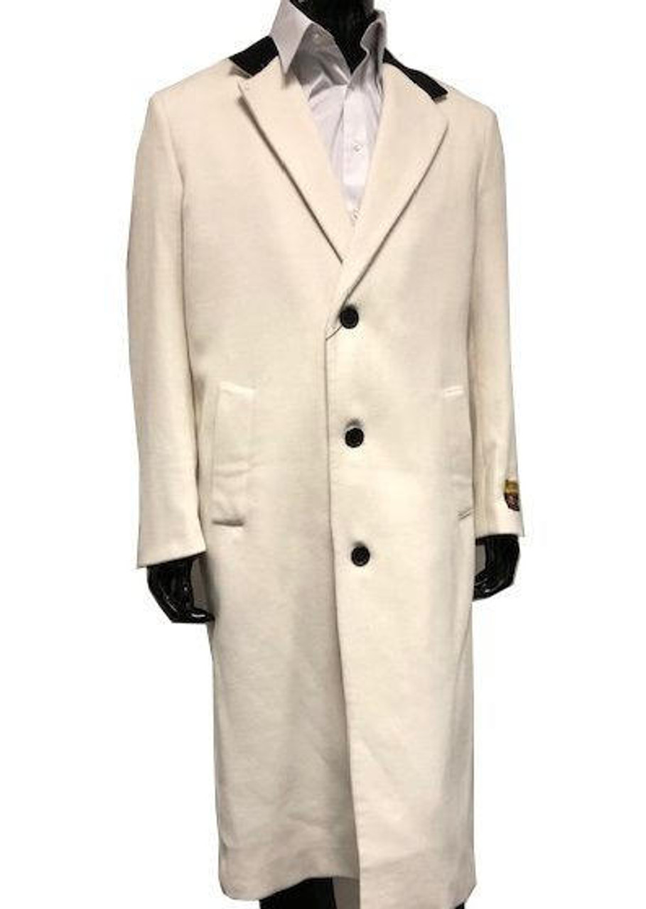 Chesterfield Coat Long Men's Off White Black Collar Wool Cashmere Alberto