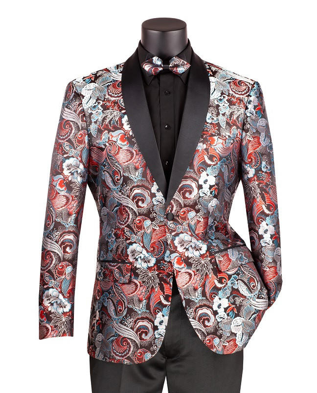 Men's Burgundy Paisley Blazer Tuxedo Performer Prom Jacket Vinci