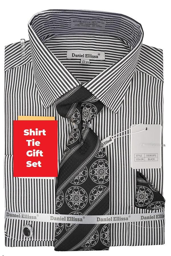 Mens French Cuff Shirt Tie Pocket Square Gift Set Black DS3833