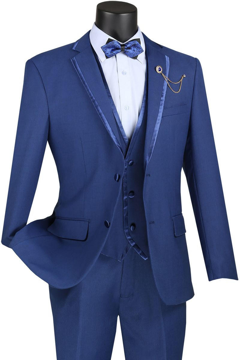 Blue Prom Suit for Men Slim Fit Piece Trimmed Jacket Vinci SV2T-8