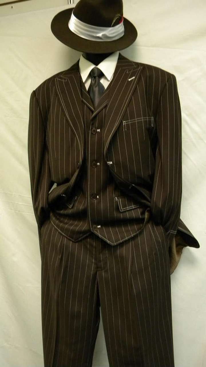 【CHIN MENS】 BROWN ZOOT SUIT / JACKET Zoot Suits Mens Brown White Gangster Stripe 3 Piece Milano