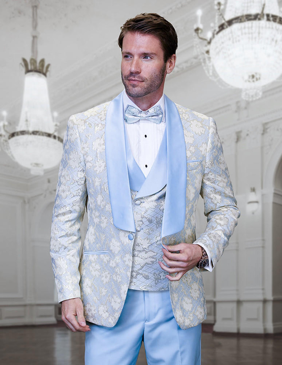 Light blue store tuxedo wedding