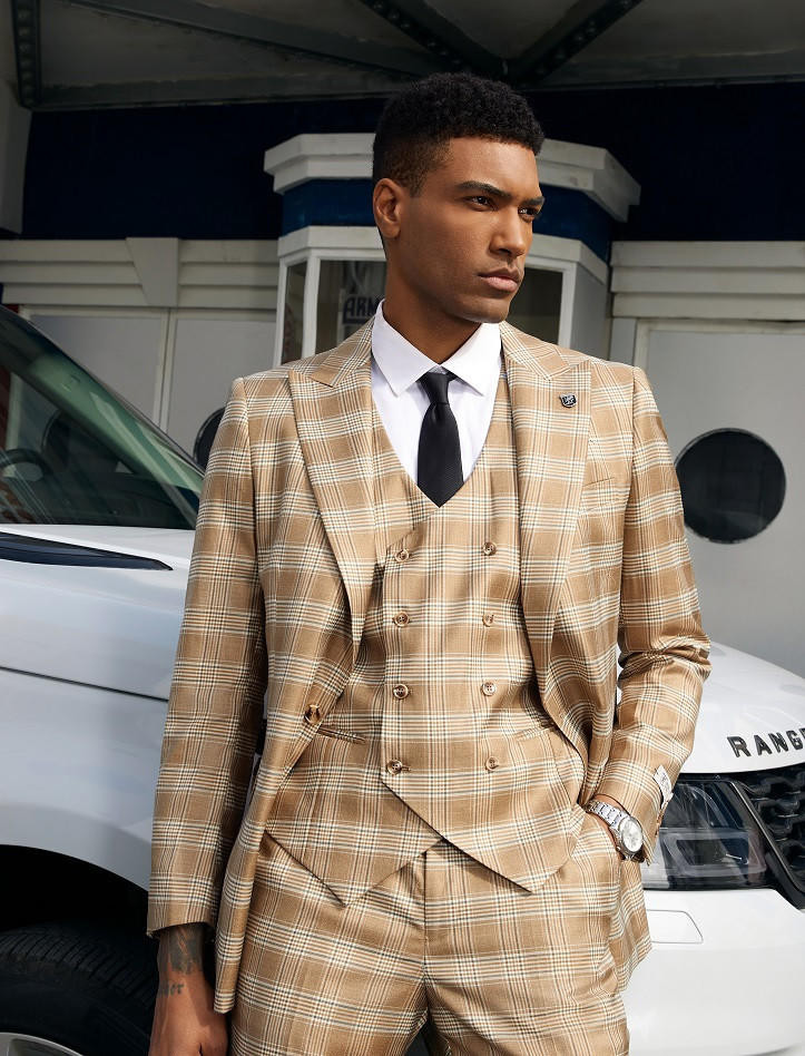 Stacy Adams Mens Plaid Suit Beige Modern Fit SM150H1-01